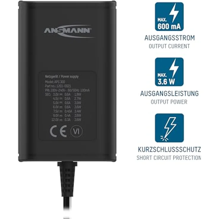 ANSMANN APS 300 Universal Stecker Netzteil 12V inkl. 7 verschiedende Adapter Stecker - Netzstecker bis max. 300mA - Netzadapter zur Stromversorgung vieler Elektrokleingeräte von 3-12 Volt regelbar – Bild 3