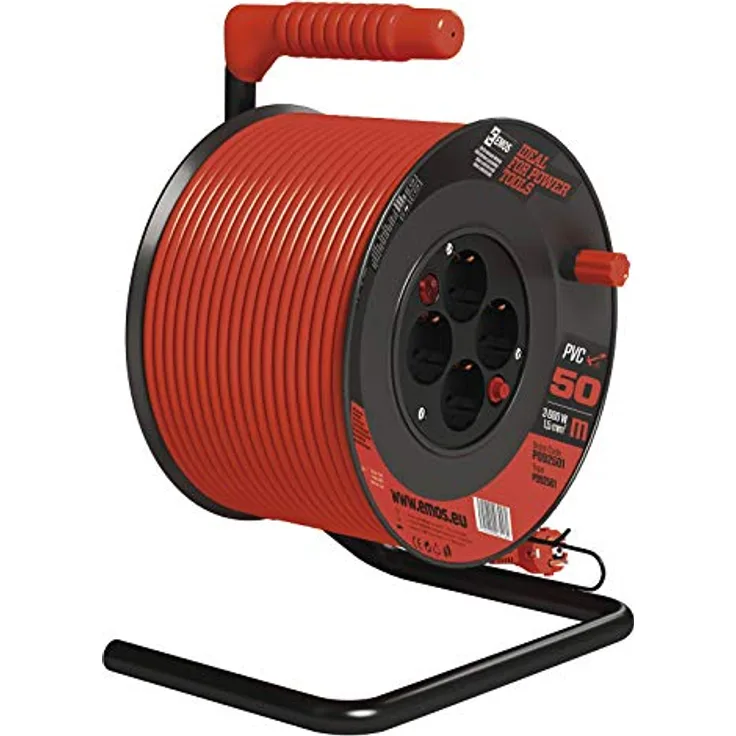 EMOS Kabeltrommel mit Schalter, 50m Kabel mit 4 Schuko Steckdosen, 1,5 mm, Indoor Leitungsroller, Schutzklasse IP20