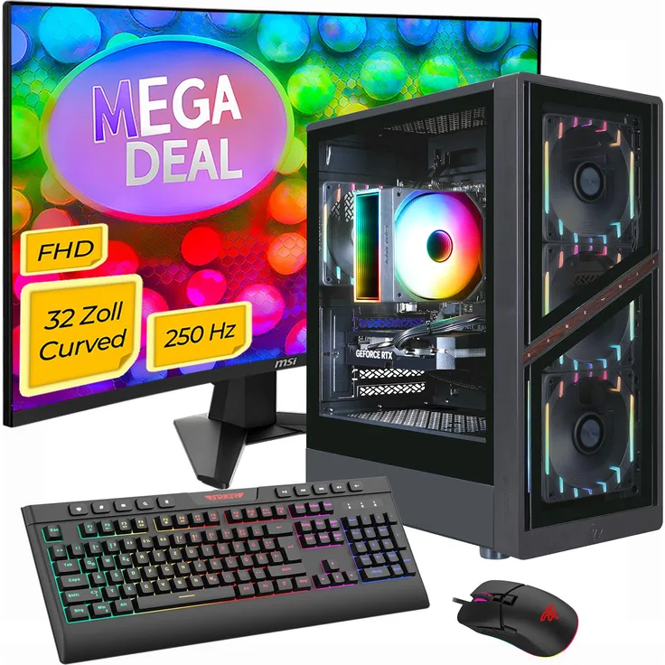 GAMEMAX AERIS GB Gaming-PC Komplett-SET mit AMD Ryzen 7 5700X, 32GB RAM, 1TB SSD, RTX 5060, MSI MAG 32C6X Curved Monitor (32"), WIN11 + Zubehör