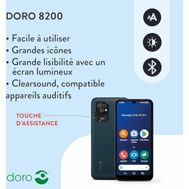 Doro 8200 Seniorensmartphone Inclusive Alarmtaster, Notrufarmband mit GPS, 4G Senioren Smartphone ohne Vertrag, Noruftaste, Triple Kamera, Android 12 Go, 64 GB Speicher, Hörgerätekompatibilität – Bild 2