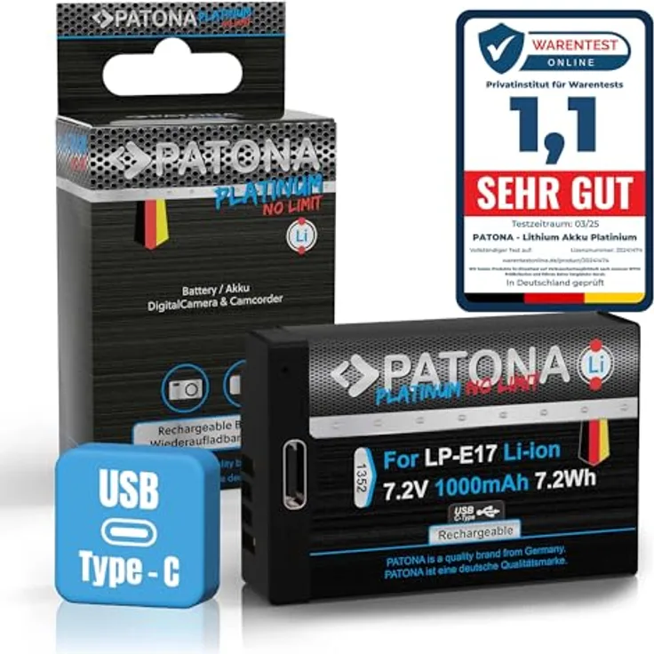 PATONA Platinum LP-E17, USB Akku (1000 mAh) mit direktem USB-Eingang, kompatibel mit Canon EOS RP/R10/R100/77D/200D/250D/750D/760D/800D