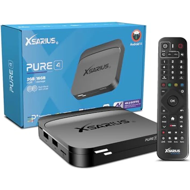 Xsarius Pure 4 4K UHD Android 14 IP-Receiver, Schwarz, Dual-WiFi, 2GB RAM, 16GB Flash, HDMI, HDR10+, Bluetooth, PremiumTV+ – Bild 1