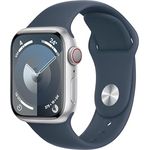 Apple Watch Series 9 GPS + Cellular, 41 mm Aluminiumgehäuse Silber, Sportarmband Sturmblau – S/M