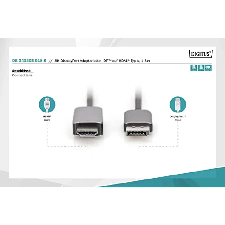 DIGITUS Displayport zu HDMI Adapterkabel - HDMI 2.1 - Displayport 1.4-8K/60Hz - Plug&Play - 1,8m - schwarz – Bild 3