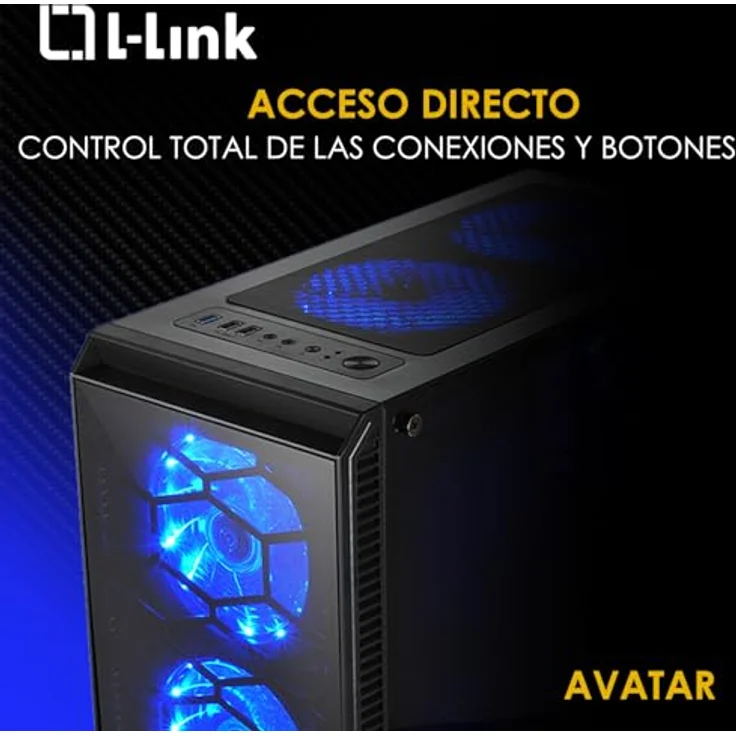 L-Link Avatar LED PC-Tower-Gehäuse, schwarz, mit 6 blauen LED-Lüftern und gehärtetem Glas – Bild 3