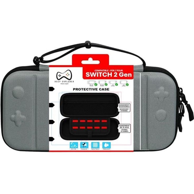 Deep Explorer Protective Case Grey, hartes EVA-Tragetasche mit Nylongewebe, wasserdicht, für Nintendo Switch 2, OLED, Lite und bis zu 10 Spielkarten