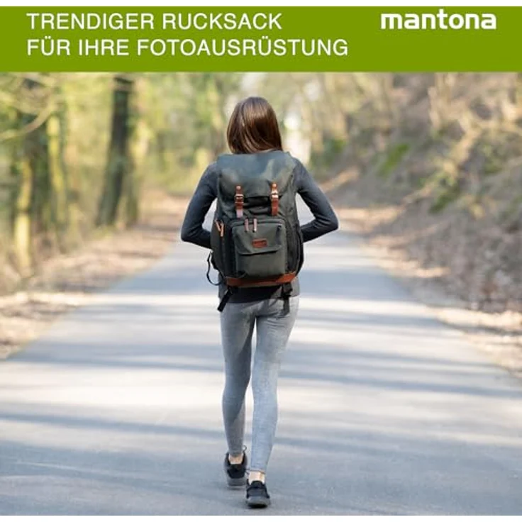 Mantona Luis Retro Fotorucksack (mit Echtleder-Applikationen, inkl. Regenschutzhülle, flexible Einteilung und Laptopfach, geeignet für 1x DSLR-Kamera, 3x Objektive und diverses Fotozubehör) grün – Bild 2