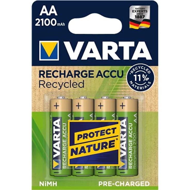 Varta Recharge Accu Recycled (wiederaufladbar, Ready-To-Use vorgeladener AA Mignon Ni-MH Akku (4er Pack, 2100mAh), aus 11% recyceltem Material, ohne Memory Effekt) – Bild 2