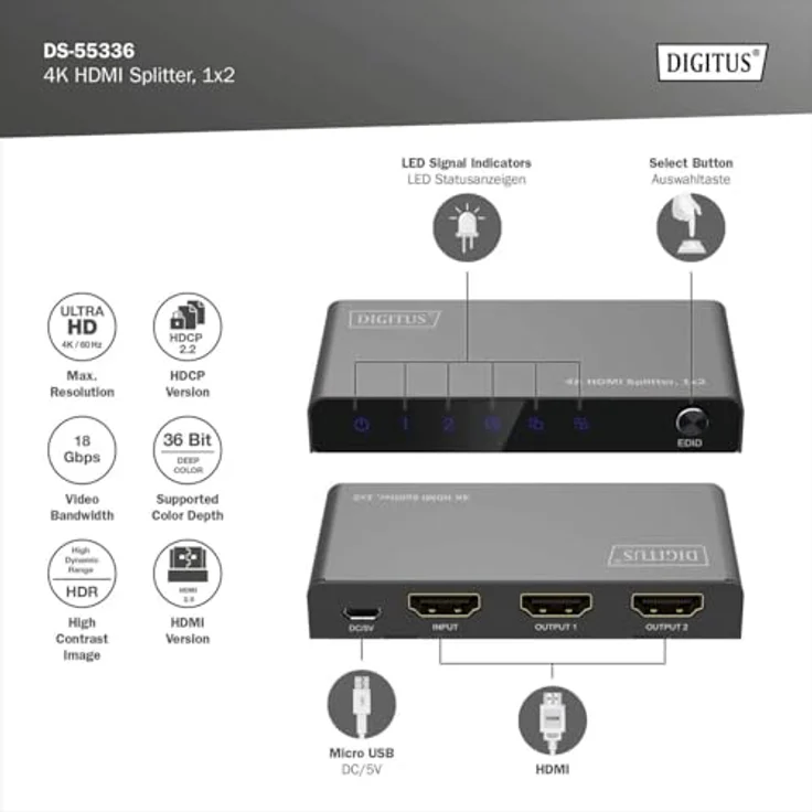 DIGITUS DS-55336 HDMI Splitter 1x2 – UHD 4K/60 Hz, HDR, HDCP 2.2, Deep Color - Schwarz – Bild 2