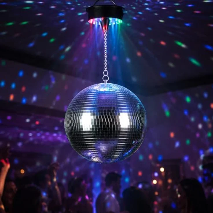 Relaxdays Discokugel, rotierend, Ø 20 cm, Silber mit mehrfarbigen LEDs und kabellosem Batteriebetrieb – Bild 5