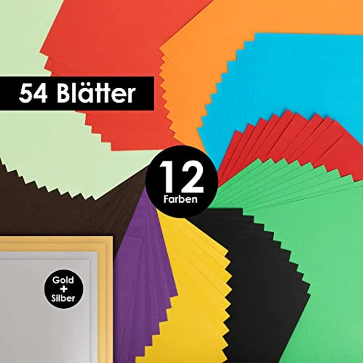 OfficeTree 54 x Tonpapier A3 Bunt - 12 Farben - inkl. 2 Gold- und 2 Silberbögen - Buntes Bastelpapier 130g/m² - Tonkarton zum Basteln und Gestalten – Bild 3