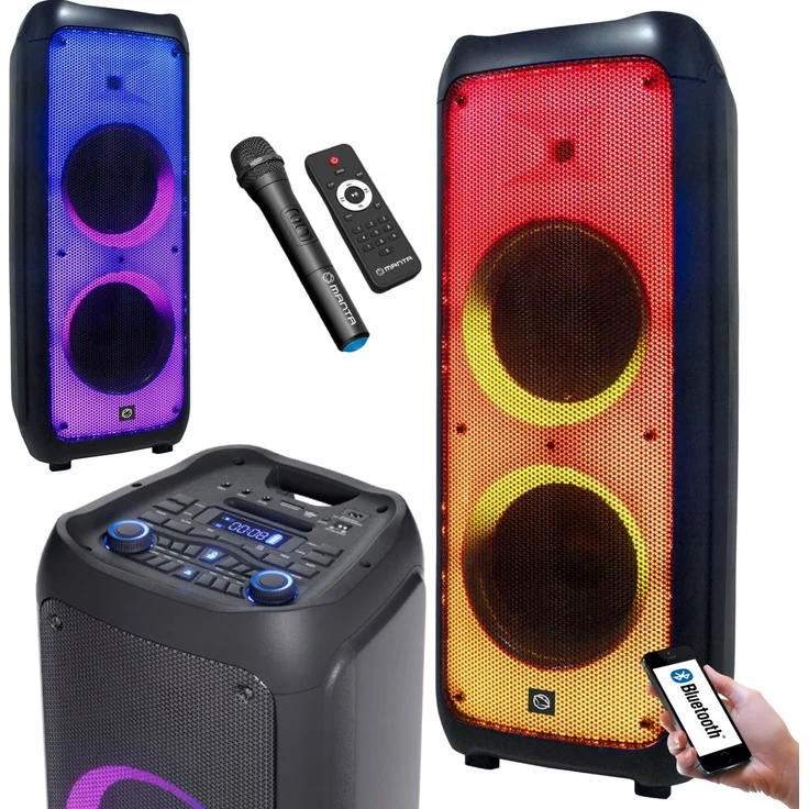 Manta Phantom SPK5450, Robuster Tragbarer Karaoke-Lautsprecher 300W X-Bass mit Mikrofon, Fernbedienung und Disco-Lichteffekten, Schwarz