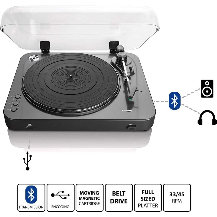 Lenco LBT-120 - Halbautomatischer USB Plattenspieler - Mit Bluetooth - Riemenantrieb - 2 Geschwindigkeiten 33 U-min , 45 U-min - digitalisieren ohne PC - schwarz – Bild 2
