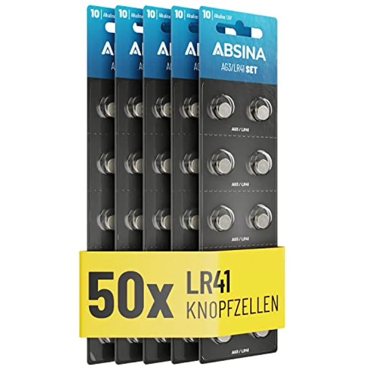 ABSINA AG3 LR41 Knopfzelle 50er Pack - 1,5V Alkaline Knopfzellen auslaufsicher & mit Langer Haltbarkeit - LR736 / L736 / G3 / G3A / 3GA / 192 / GP192 / V3GA / RW87 - Knopfbatterien Batterien Batterie – Bild 1