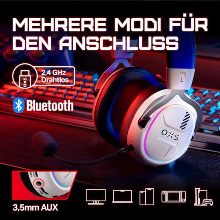 OXS Storm G2 Kabelloses Gaming-Headset, 7,1 Virtueller Surround Sound, 3 EQ Modi, 2,4 GHz Niedrige Latenz, RGB Beleuchtung, Bluetooth 5.3, Weiß – Bild 5