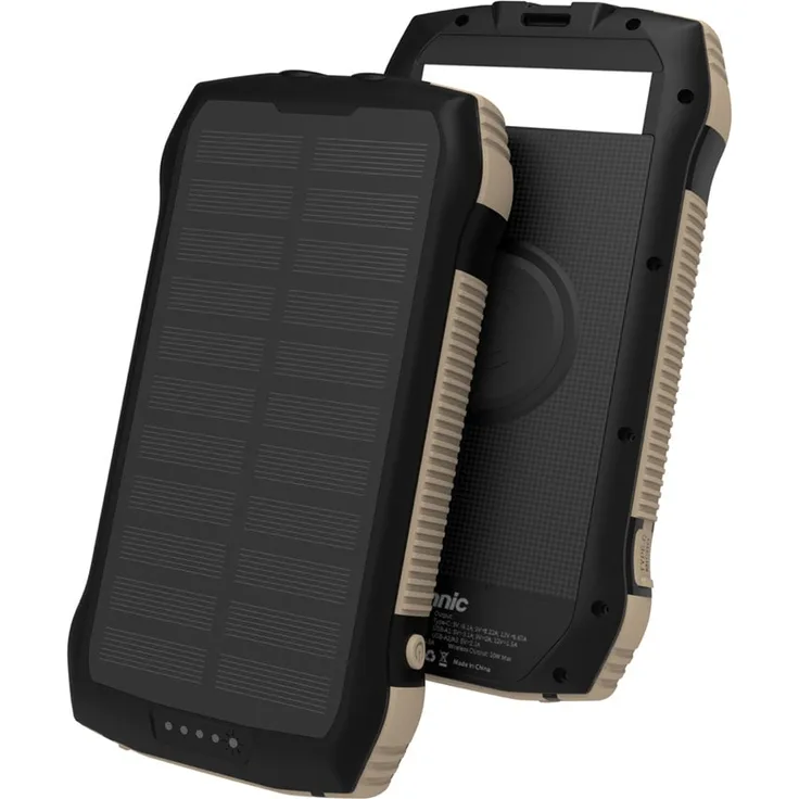 Vinnic Solar Powerbank (20000 mAh, 20 W, 74 Wh), Schwarz, mit 3 USB-A + 1 USB-C Anschlüssen