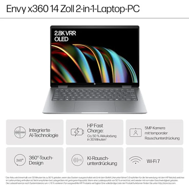 HP Envy x360 2-in-1 Laptop, 14 Zoll 2.8K OLED Touch Display, Intel Core Ultra 7 155U, 16GB LPDDR5-SDRAM, 1 TB SSD, QWERTZ Tastatur, Windows 11 Home, Silber – Bild 2