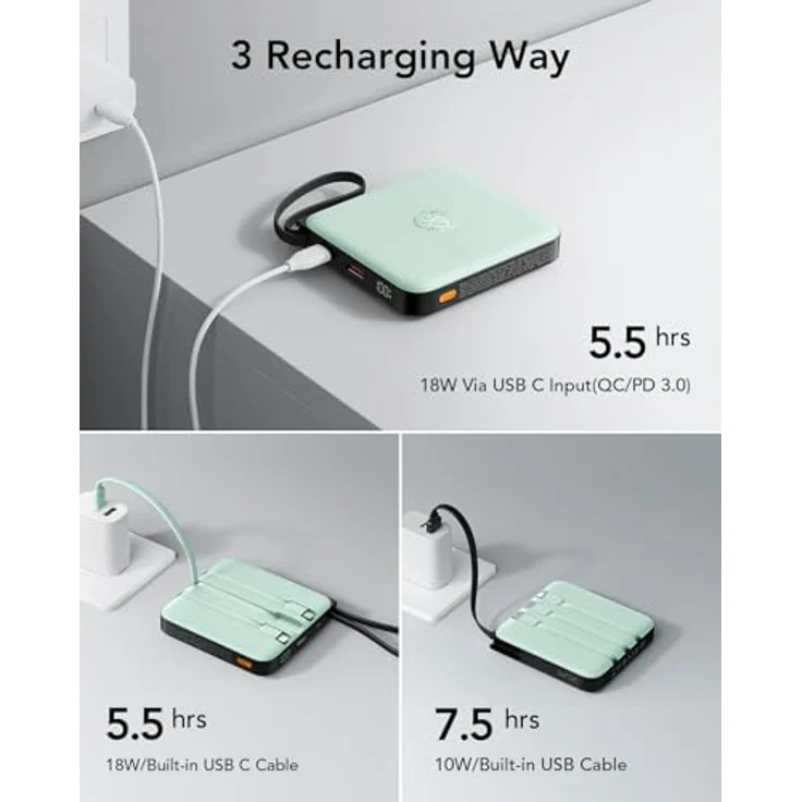 VRURC Powerbank 20000mAh, Tragbare Power Bank mit 22.5W QC3.0 Schnellladung und LED-Anzeige, Integrierte Kabel für iPhone und Huawei, Grün – Bild 5