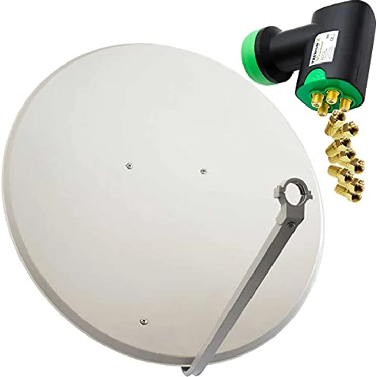 PremiumX Satelliten-Komplettanlage PXA100, 100cm Aluminium Satellitenschüssel in Hellgrau, Quad LNB für bis zu 4 Teilnehmer, 8x F-Stecker, HD und Ultra HD geeignet – Bild 1