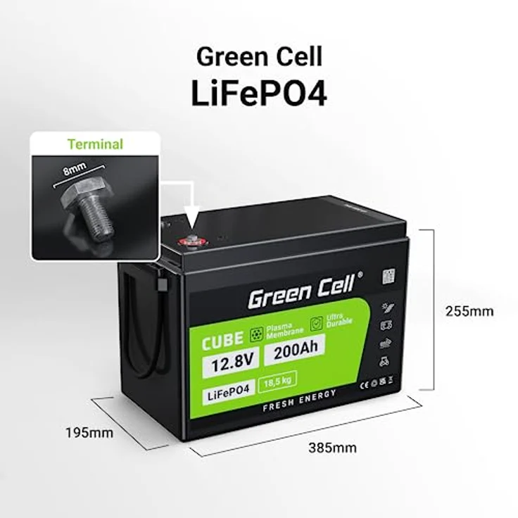 Green Cell LiFePO4-Akku CAV04S, 12,8V 200Ah, langlebig, hohe Effizienz, 3000+ Ladezyklen, ideal für Solar- und Camping-Anwendungen – Bild 2