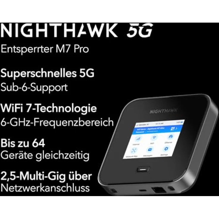 Netgear Nighthawk M7 Pro 5G WiFi 7 Mobile Router, kompakter Hotspot mit RJ-45 und USB Typ C, Schwarz – Bild 2