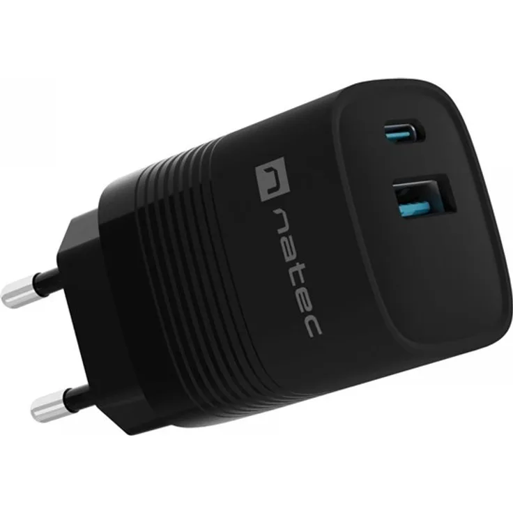 Natec Ribera, GaN Power Adapter mit 30 Watt, 2 USB-Anschlüssen, Schwarz, Huawei Fast Charge, Power Delivery 3.0