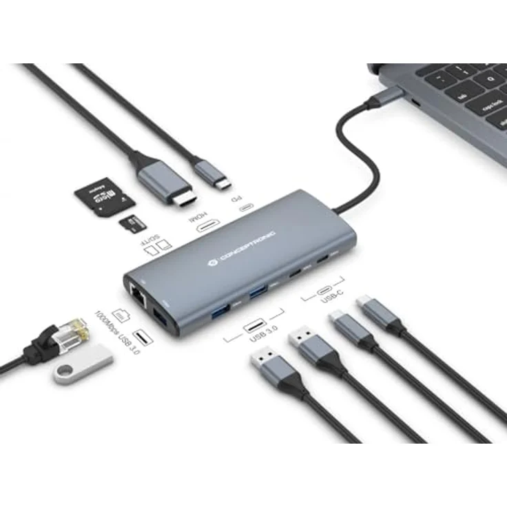 Conceptronic Dock USB-C->HDMI,2xUSB-C,100WPD, 20cm gr - 10-in-1 Multiport-Adapter mit 4K Auflösung, Gigabit Ethernet und SD/TF Slots – Bild 5