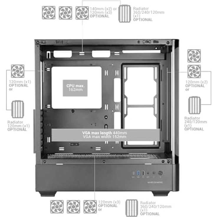 Mars Gaming MC-LCDPRO, Gaming ATX Gehäuse mit 7.2" IPS LCD Display, gebogenem gehärtetem Glas, Unterstützung für Wasserkühlung bis 360mm, Weiß – Bild 5