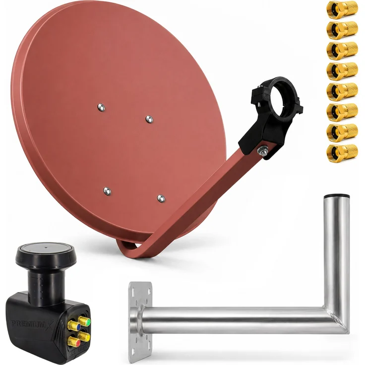 PremiumX SAT Anlage 80cm, Satellitenantenne Ziegelrot mit Quad LNB und 35cm Wandhalter, HD-fähig