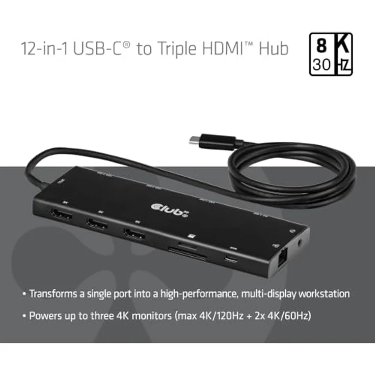 Club 3D CSV-2556, 12-in-1 USB-C auf Triple HDMI Hub mit DP2.1, PD3.0, 100W, 4K Unterstützung, 10Gbps USB 3.2, Schwarz – Bild 3