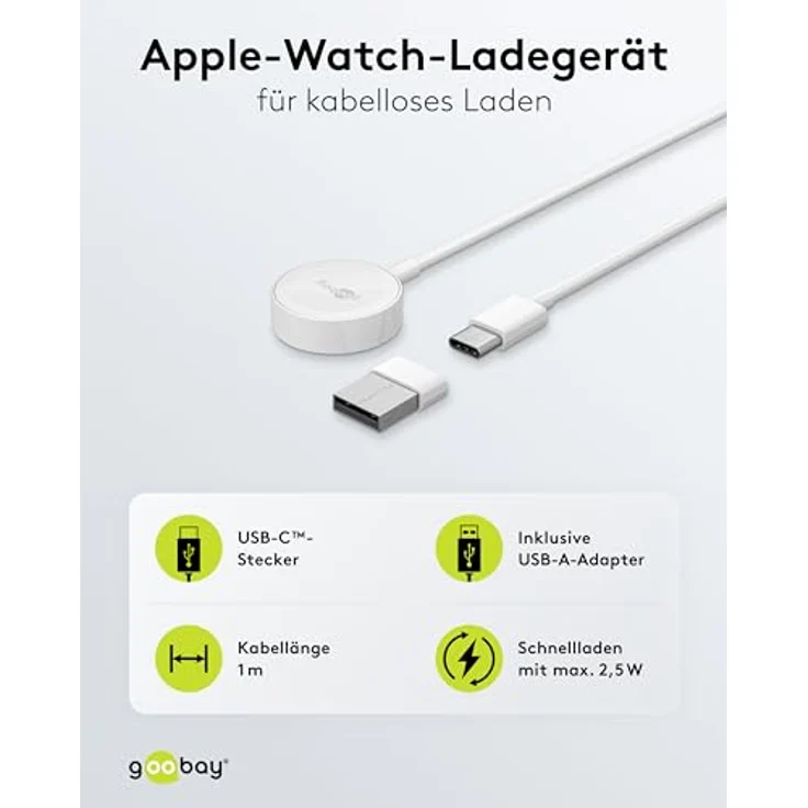 goobay Apple Watch Ladekabel USB C 1m / Apple Watch Ultra 2 Ladegerät/Magnet Ladekabel ab Series 2 / Ladestation mit Überladungsschutz, inkl. USB-A Adapter - Effizientes Laden mit induktiver Technologie – Bild 2
