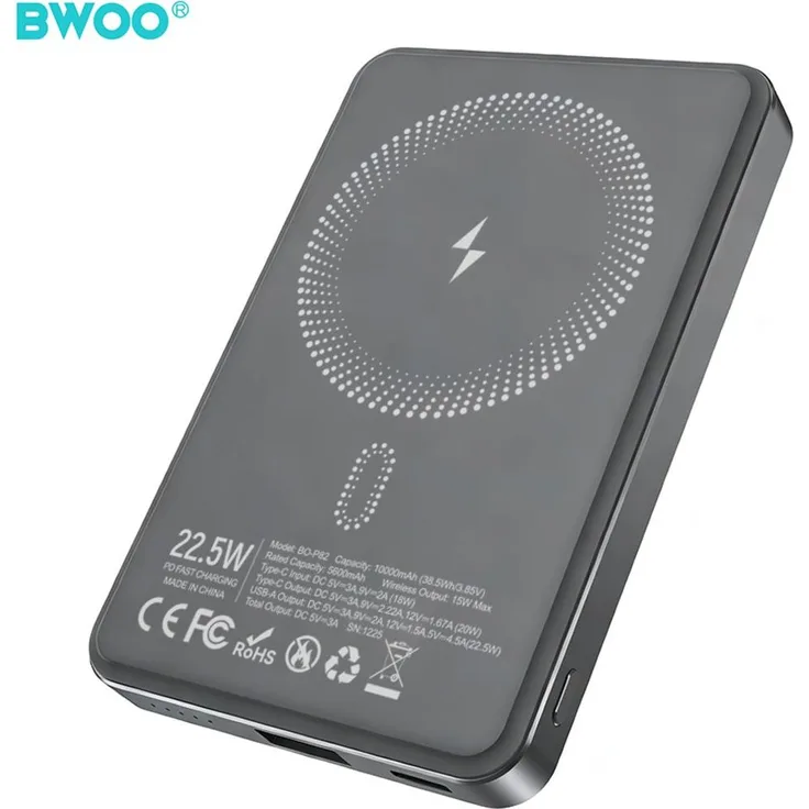 BWOO P82 BO 10000mAh Powerbank, 15W kabelloses Laden, Dunkelgrau, PD Fast Charging bis 22,5W