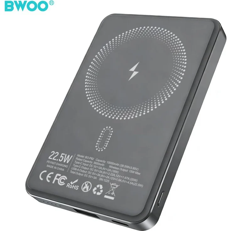 BWOO P82 BO 10000mAh Powerbank, 15W kabelloses Laden, Dunkelgrau, PD Fast Charging bis 22,5W