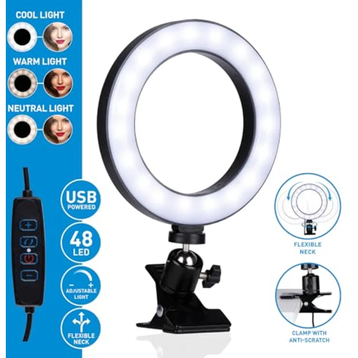 Grundig Ringlicht LED Selfie Ringlicht mit Clip, ∅ 15,6 cm, 48 LEDs, stufenlos dimmbar, 3 Lichtfarben – Bild 3