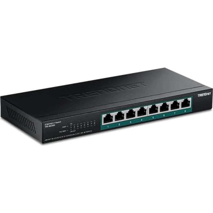 Trendnet 8-Port 2.5G PoE++ Switch, unmanaged Netzwerk Switch mit 230 Watt Gesamtbudget, 40 Gbit/s Switching-Kapazität, Jumbo-Frame-Unterstützung, Schwarz – Bild 1