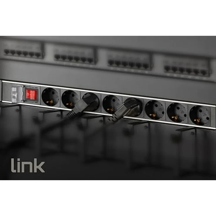 LINK LKMP08S, Mehrfachsteckdose 19 Zoll mit 8 Schuko-Steckdosen, Schalter und umkehrbaren Halterungen, 16 A, für Rackschränke – Bild 2