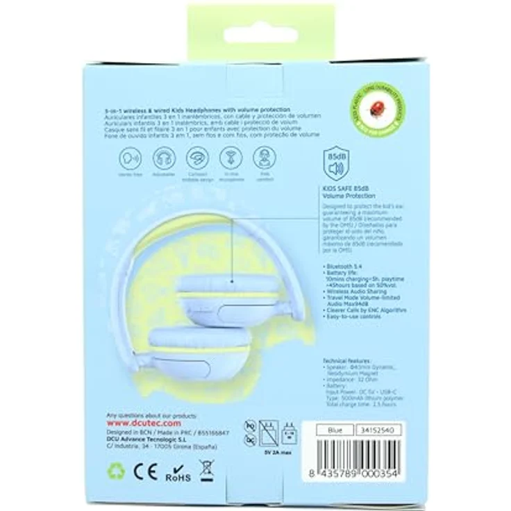 DCU PlaySafe Kids Kinder-Kopfhörer, 3-in-1 mit Bluetooth und Kabel, Lautstärkenbegrenzung 85 dB, 45 Stunden Akkulaufzeit, Blau und Gelb – Bild 4