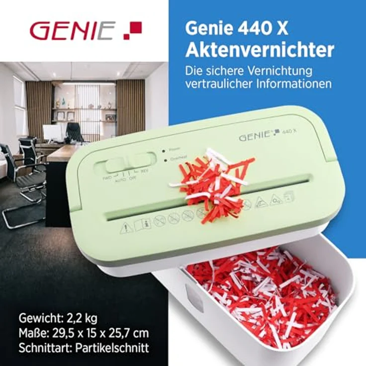 GENIE 440 X Aktenvernichter | Partikelschnitt 4x38 mm | Sicherheitsstufe P-4 | Leise 72 dB | Kompakt & Mobiler Shredder | Überhitzungsschutz | Weiß grün – Bild 2