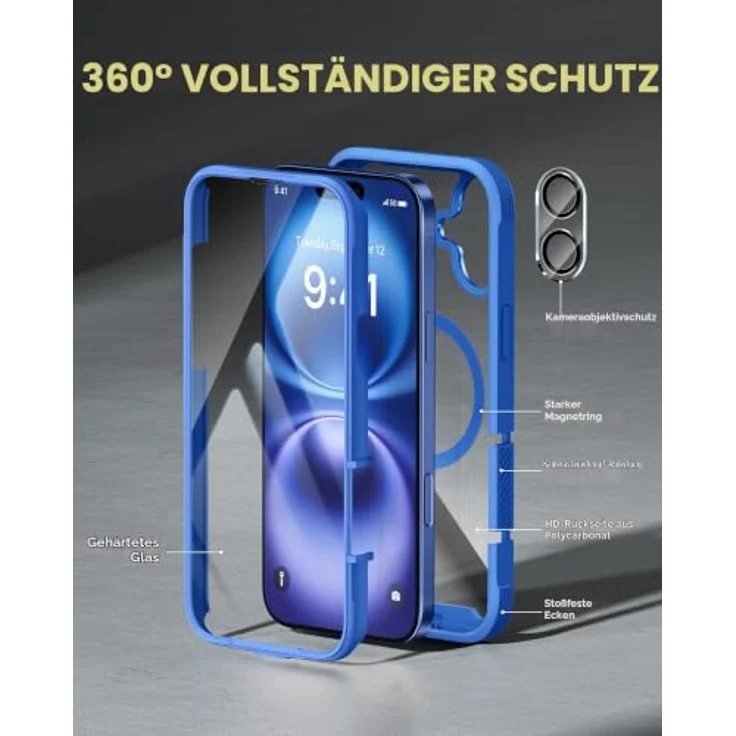 Miracase 360 Grad Handyhülle für iPhone 16 Plus mit MagSafe, 9H Glas Displayschutz, stoßfest, 6,7 Zoll, Blau – Bild 2