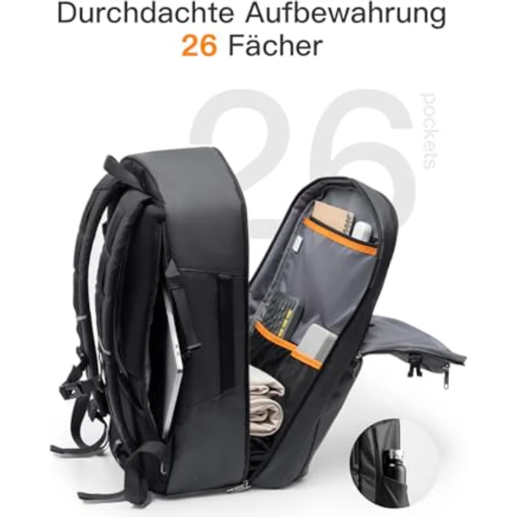 Inateck 40L Reiserucksack, TSA-freundliches Handgepäck mit 26 Taschen für 15,6-16 Zoll Laptop, Schwarz – Bild 2