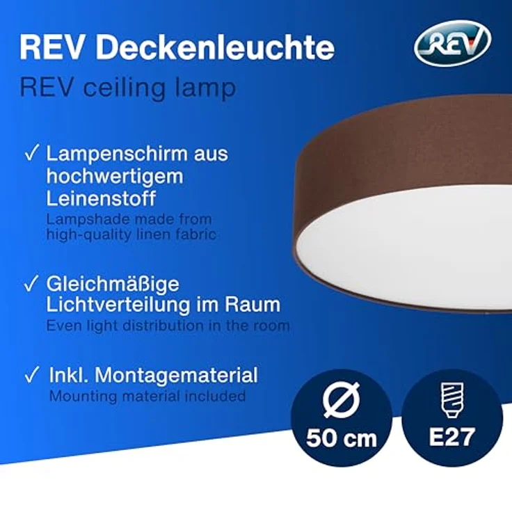 REV Deckenleuchte - Deckenlampe rund 50cm mit Stoff-Lampenschirm im Vintage-Look, braun - Ideal für Schlafzimmer & Wohnzimmer – Bild 2