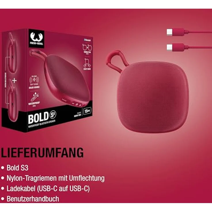 Fresh n Rebel Bold S3, 5 W Bluetooth Lautsprecher mit IPX6 Schutz, Laufzeit bis 15 h, Berry Red – Bild 9
