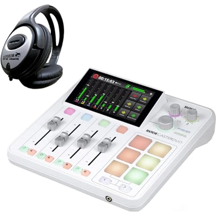 RODE Rodecaster Duo Station Weiss, Audio Production Studio mit 2x XLR/TRS-Combo-Eingängen und 6 programmierbaren Smart Pads, inkl. keepdrum Kopfhörer – Bild 1