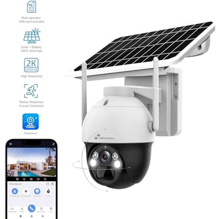 NIVIAN 4G Überwachungskamera 360 Grad mit Solarpanel 7W, 18000mAh | 2K HD, Bewegung & Menschenerkennung, Nachtsicht LEDs, wetterfest IP66, Kunststoff, Kuppel – Bild 2