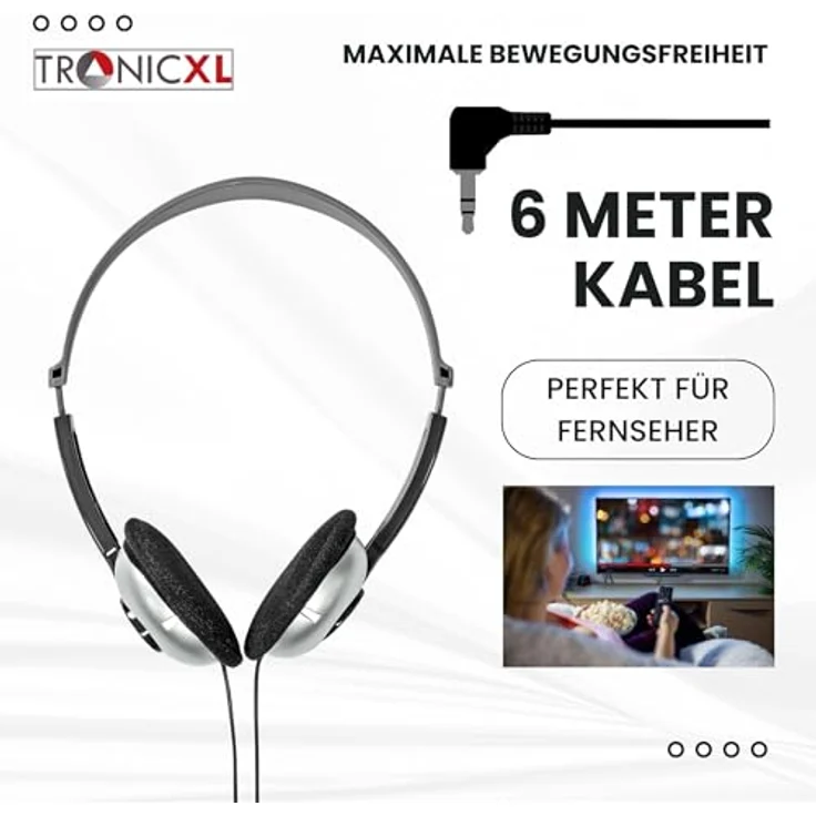 TronicXL Fernseh Kopfhörer 6m langes Kabel Kopfbügel Neodymmagnet 30mm für Fernseher Samsung LG Sony Toshiba DYON JVC Philips Apple iPad iMac Computer - Stereokopfhörer Headphones Klinkenstecker – Bild 5