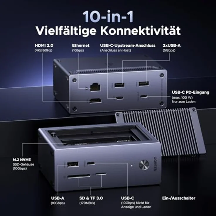 UGREEN Revodok Pro Docking Station, 10-in-1 USB C Hub mit M.2 NVMe Gehäuse, 4K HDMI, 10Gbps Datenübertragung, Gigabit Ethernet, 100W PD, kompatibel mit MacBook Pro/Air und Windows-Laptops – Bild 2