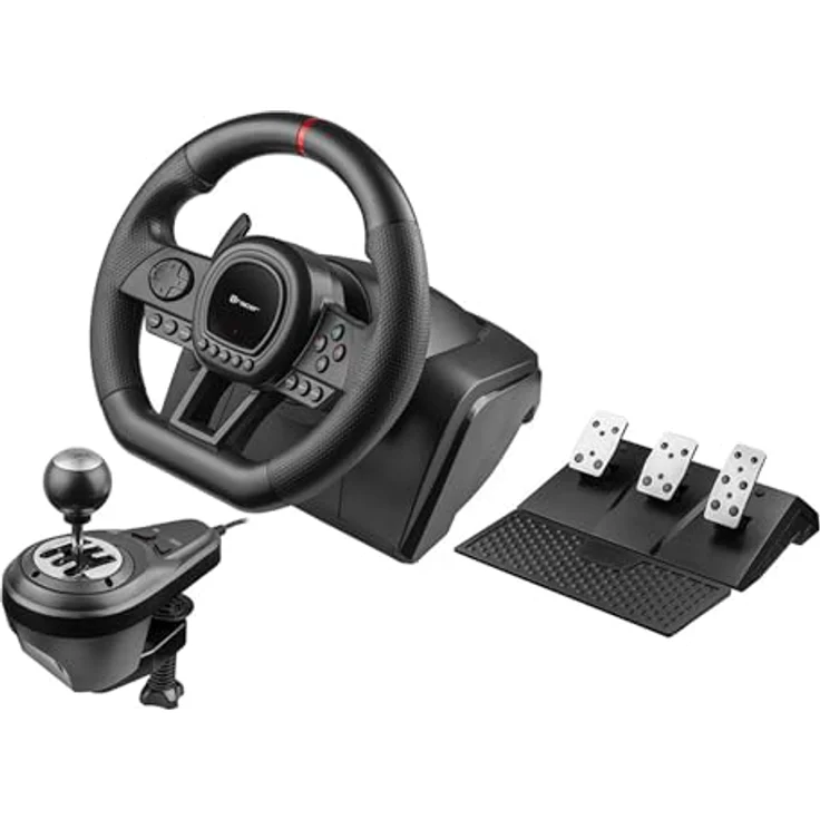 Tracer SimRacer Manual Gearbox 6 in 1 Lenkrad, Gaming Rennlenkrad mit Pedalen und Schalthebel, Kompatibel mit PC/PS4/PS3/XONE/X360/SWITCH, 270 Grad Lenkwinkel, 8 analoge Aktionsknöpfe – Bild 1