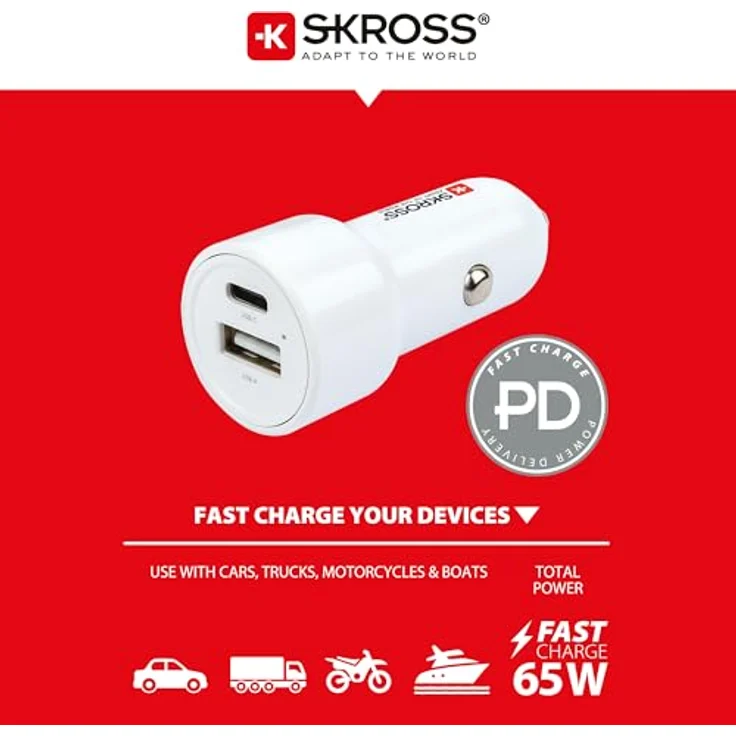 SKROSS Chargeur Allume Cigare Voiture - 2 Ports USB-A et USB-C - Charge Rapide 65W - Câble USB-C 160 cm Inclus – Bild 3