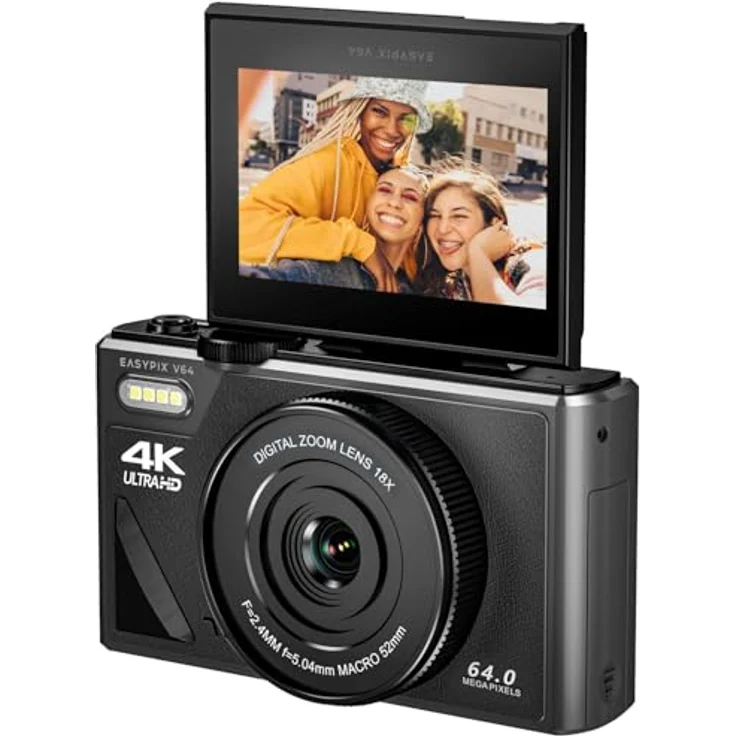 Easypix V64 Flip, Digitalkamera mit Flip-Screen, 64 MP Auflösung, 18x Digitalzoom, WiFi, 3.0" Aufklappbares Display, Schwarz – Bild 1