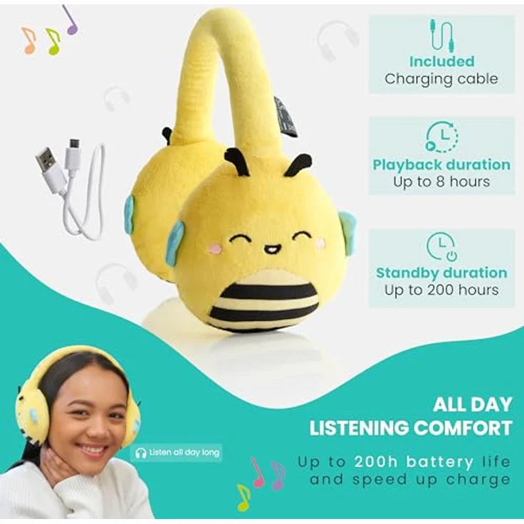 Emoji Squishmallows Kopfhörer SUNNY, kabellose Stereo-Kopfhörer mit Mikrofon, Bluetooth 5.0, verstellbarer Kopfbügel, bis zu 8 Stunden Akkulaufzeit – Bild 3